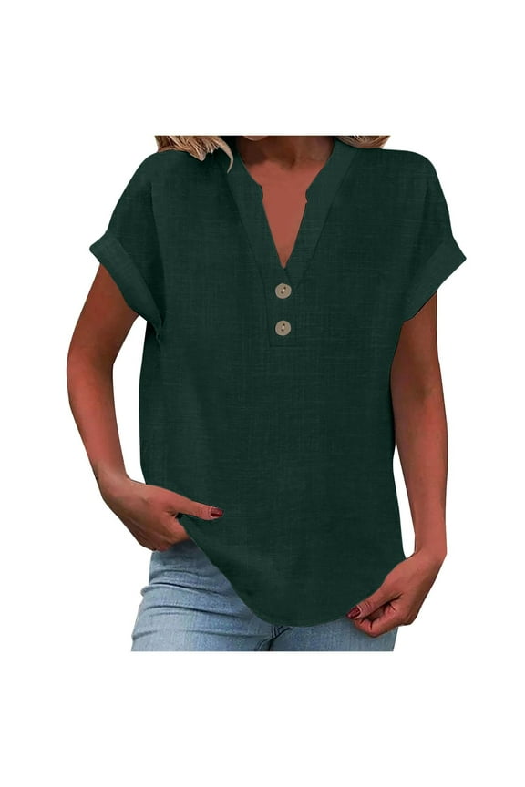 V-neck Linen Women Cap Cuffs Tops Plus Size Cotton Blouse Button Up Breathable Daily T Shirts for Ladies 2026