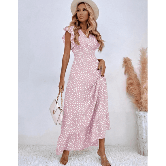 V-neck Lotus Leaf Edge Elegant Dress Women Spring Summer Printed Long Dress