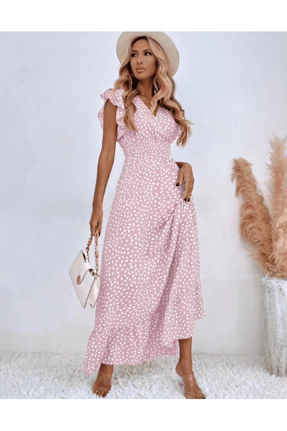 V-neck Lotus Leaf Edge Elegant Dress Women Spring Summer Printed Long Dress