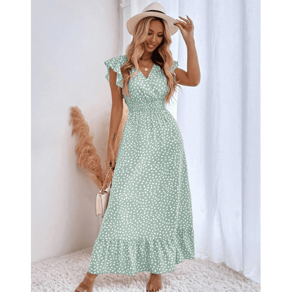 V-neck Lotus Leaf Edge Elegant Dress Women Spring Summer Printed Long Dress