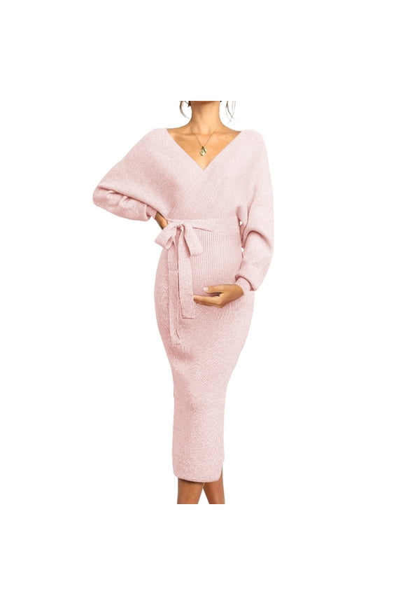 V-neck Maternity Nursing Dress Maternity Women Knit Outfits with Belt