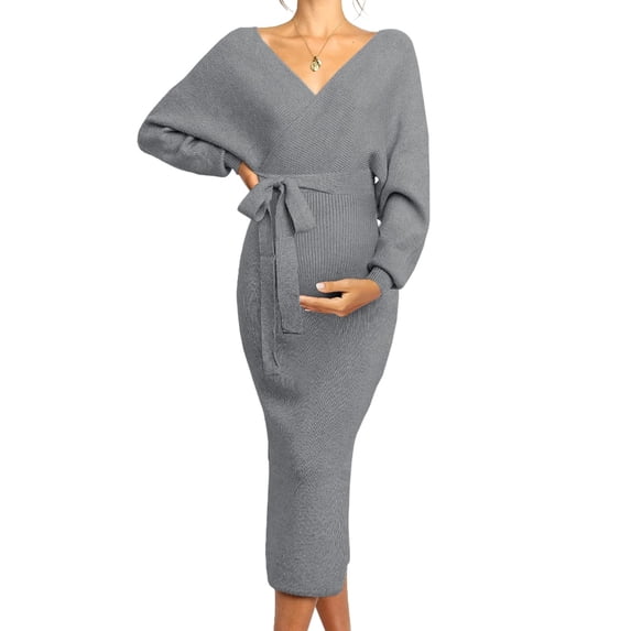 V-neck Maternity Nursing Dress Maternity Women Knit Outfits with Belt
