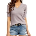 thumbnail image 1 of V-neck Short Sleeve Sweater Womens Crew Neck Pullover Tops Ribbed Knit Sweater Blouse Puff, 1 of 3