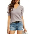thumbnail image 1 of V-neck Short Sleeve Sweater Womens Crew Neck Pullover Tops Ribbed Knit Sweater Blouse Puff, 1 of 2
