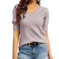 thumbnail image 1 of V-neck Short Sleeve Sweater Womens Crew Neck Pullover Tops Ribbed Knit Sweater Blouse Puff, 1 of 3