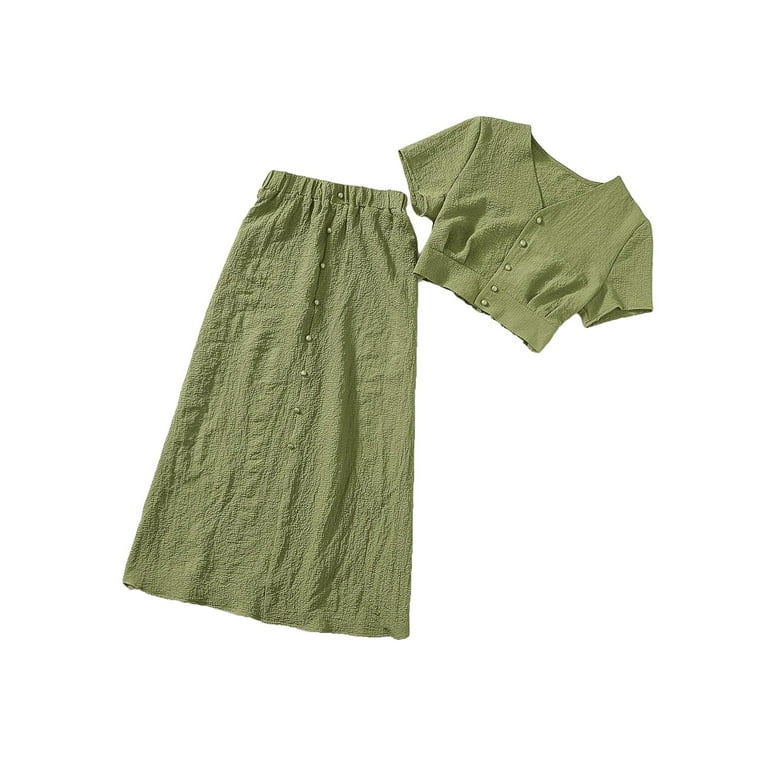 V Neck Solid Olive Green Short Sleeve Boho Women Two Piece Outfits Women s Size Small 4