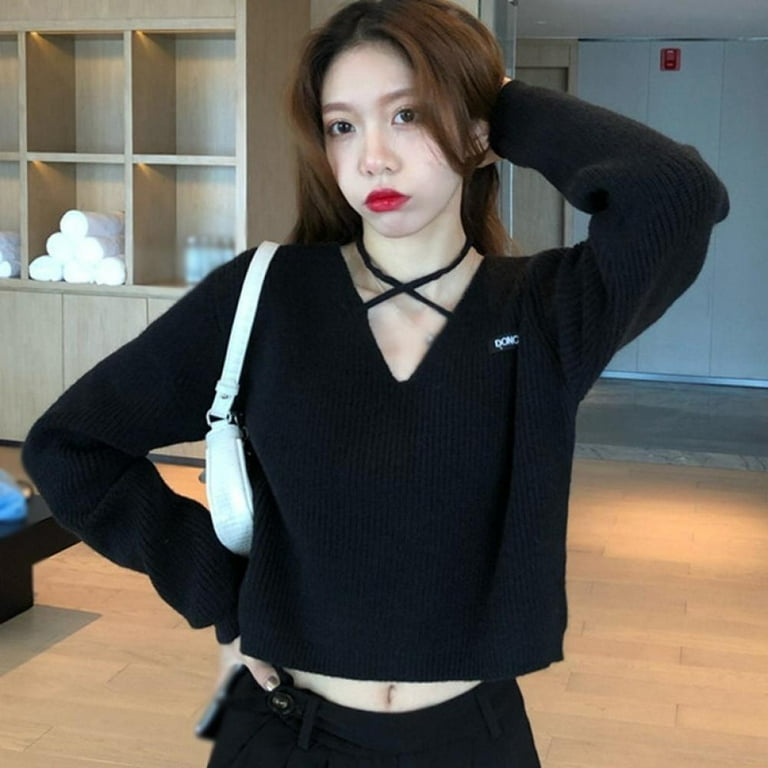 Long Sleeved Loose V-Neck Tie Sweater Long Sleeved Loose V-Neck Tie Sweater
