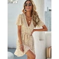 thumbnail image 1 of V-neck Wrap-Tie Floral Irregular Lace Short Dress, 1 of 4