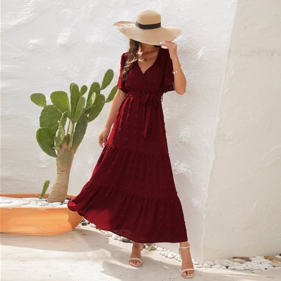 V-neck high-waisted tie-up dress with pom-poms, long short-sleeved dress, perfect for vacation or travel.