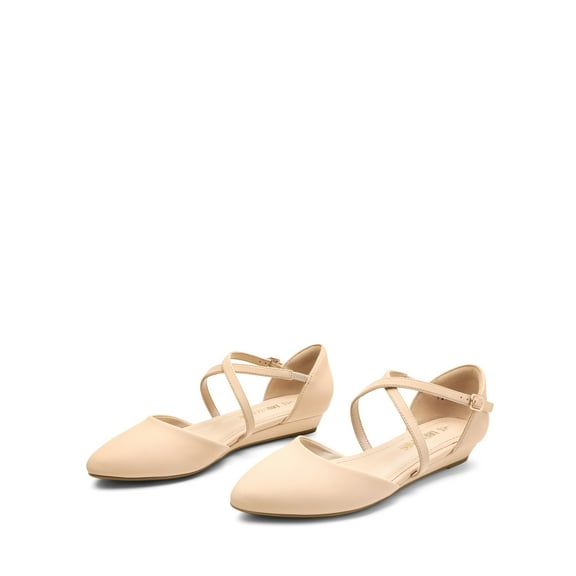 V-shaped Cutout Low Wedge Ankle Strap Flats for Business Office and Work