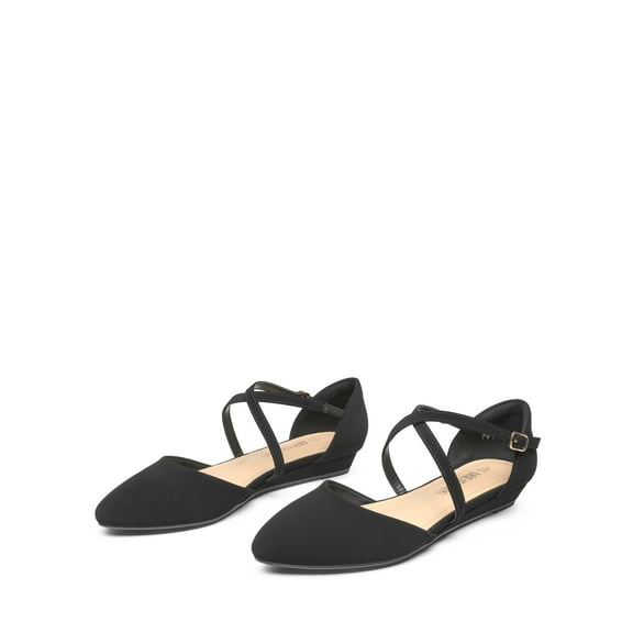 V-shaped Cutout Low Wedge Ankle Strap Flats for Business Office and Work