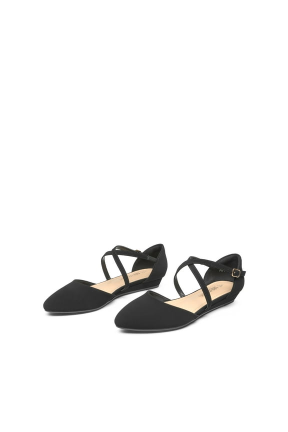 V-shaped Cutout Low Wedge Ankle Strap Flats for Business Office and Work