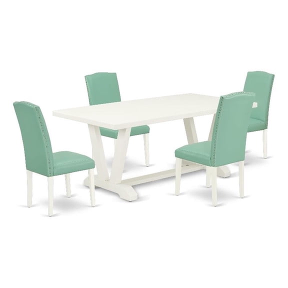 V027EN257-5 - Wooden Table and 4 Pond PU Leather Chairs - Linen White Finish