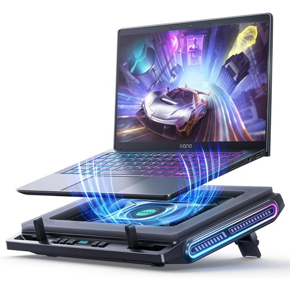 V10 Gaming Laptop Cooling Pad, RGB Laptop Cooler Stand with Powerful 4.72 Inch External Turbo Cooling Fan, Fast Cooling Computer 13-17.3in, Button Control, 3 Adjustable Stand, 4-Port USB C&A