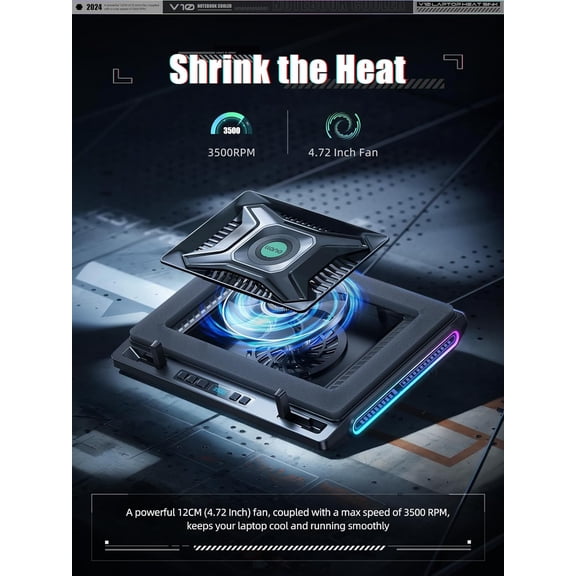 V10 Gaming Laptop Cooling Pad, RGB Laptop Cooler Stand with Powerful 4.72 Inch External Turbo Cooling Fan, Fast Cooling Computer 13-17.3in, Button Control, 3 Adjustable Stand, 4-Port USB C&A