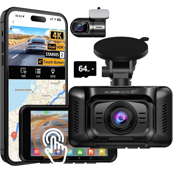V100 4K Cam Front and Rear, Free 64GB Card Dashcam Camera | 4" Screen, STARVIS 2 Night Vision, GPS, 5G WiFi up to 20MB/s, Voice Control, 24H Parking Mode, G-Sensor Loop Recording