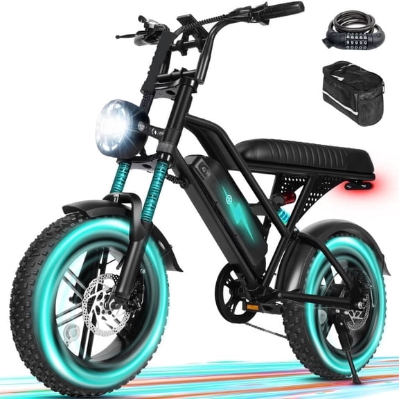 V100 Electric Bike for Teens Adults, 750W Peak 1500W 28 Mph 48V 18 Ah,16"x4.0" Fat Tire E Bicycle, 7-Speed E-Bike with Dual Suspension, Black with Lock & Phonebag