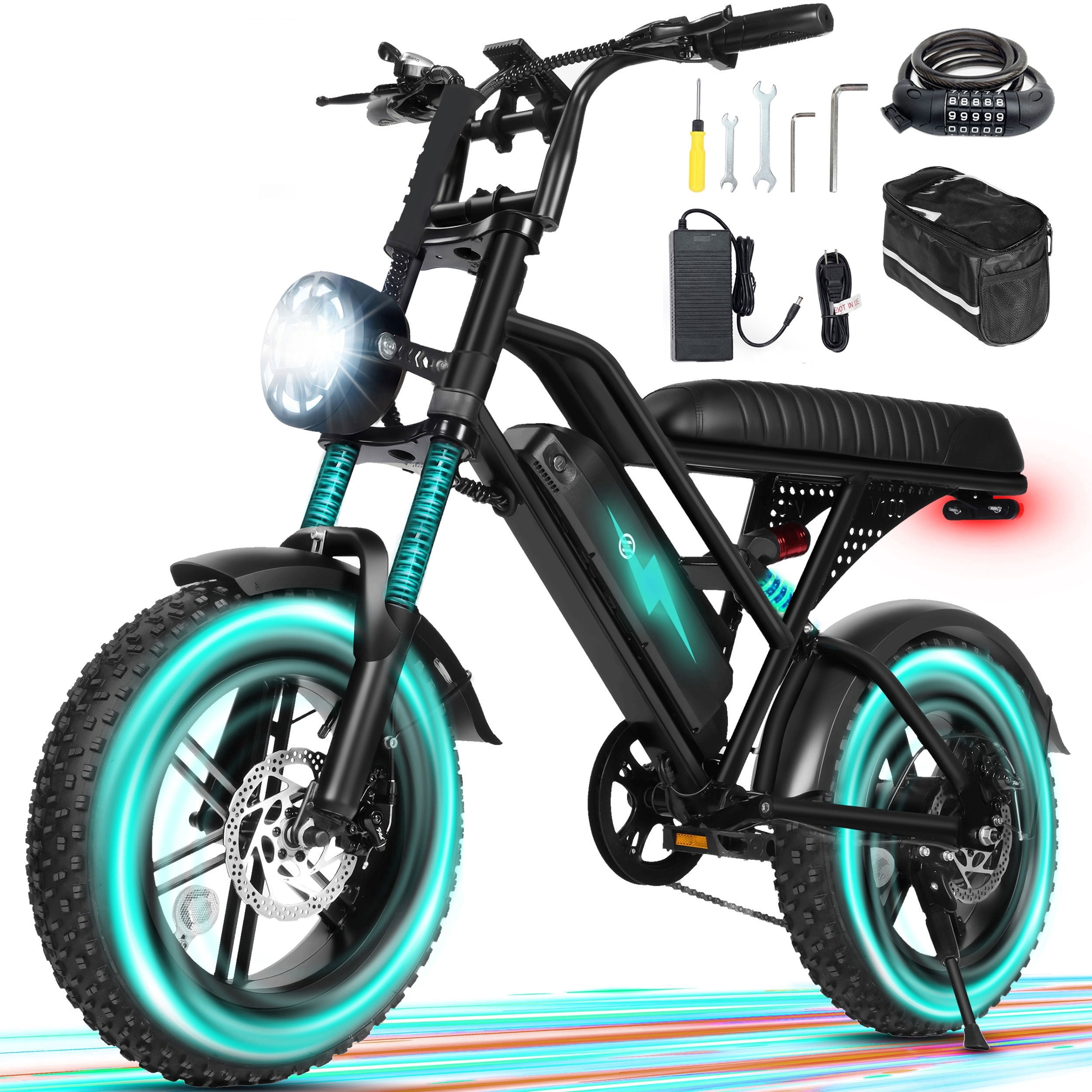 ESKUTE V100 Electric Bike for Teens Adults, 750W Peak 1500W 28 Mph 48V 13 Ah,16"x4.0" Fat Tire E Bicycle, 7-Speed E-Bike with Dual Suspension, Black with Lock & Phonebag, UL2849