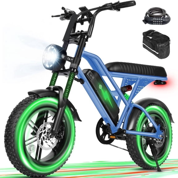 V100 Electric Bike for Teens Adults, 750W Peak 1500W 28 Mph 48V 18 Ah,16"x4.0" Fat Tire E Bicycle, 7-Speed E-Bike with Dual Suspension, Blue with Lock & Phonebag