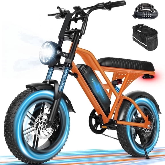 V100 Electric Bike for Teens Adults, 750W Peak 1500W 28 Mph 48V 18 Ah,16"x4.0" Fat Tire E Bicycle, 7-Speed E-Bike with Dual Suspension, Orange with Lock & Phonebag