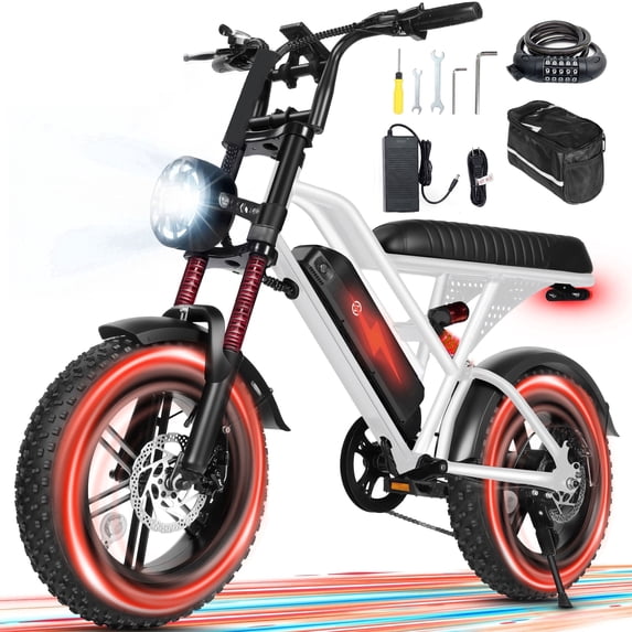 ESKUTE V100 Electric Bike for Teens Adults, 750W, 20 MPH, 48V 13 Ah,16"x4.0" Fat Tire E Bicycle, 7-Speed E-Bike with Dual Suspension, White with Lock & Phonebag, UL2849