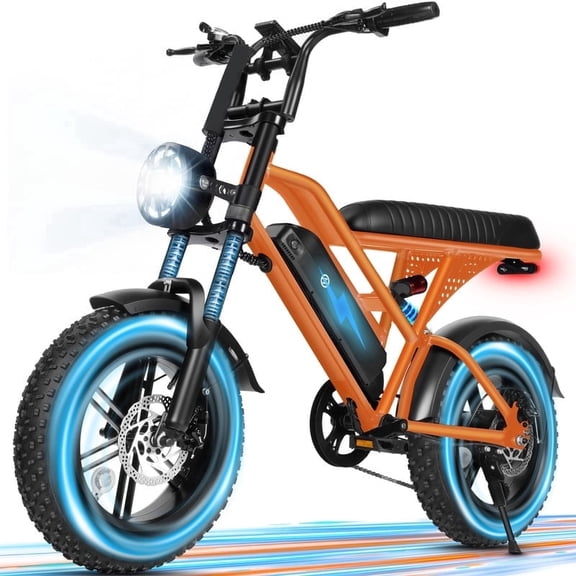 V100 Electric Bike for Teens Adults, 750W Peak 1500W 28 Mph 48V 13 Ah,16"x4.0" Fat Tire E Bicycle, 7-Speed E-Bike with Dual Suspension Orange