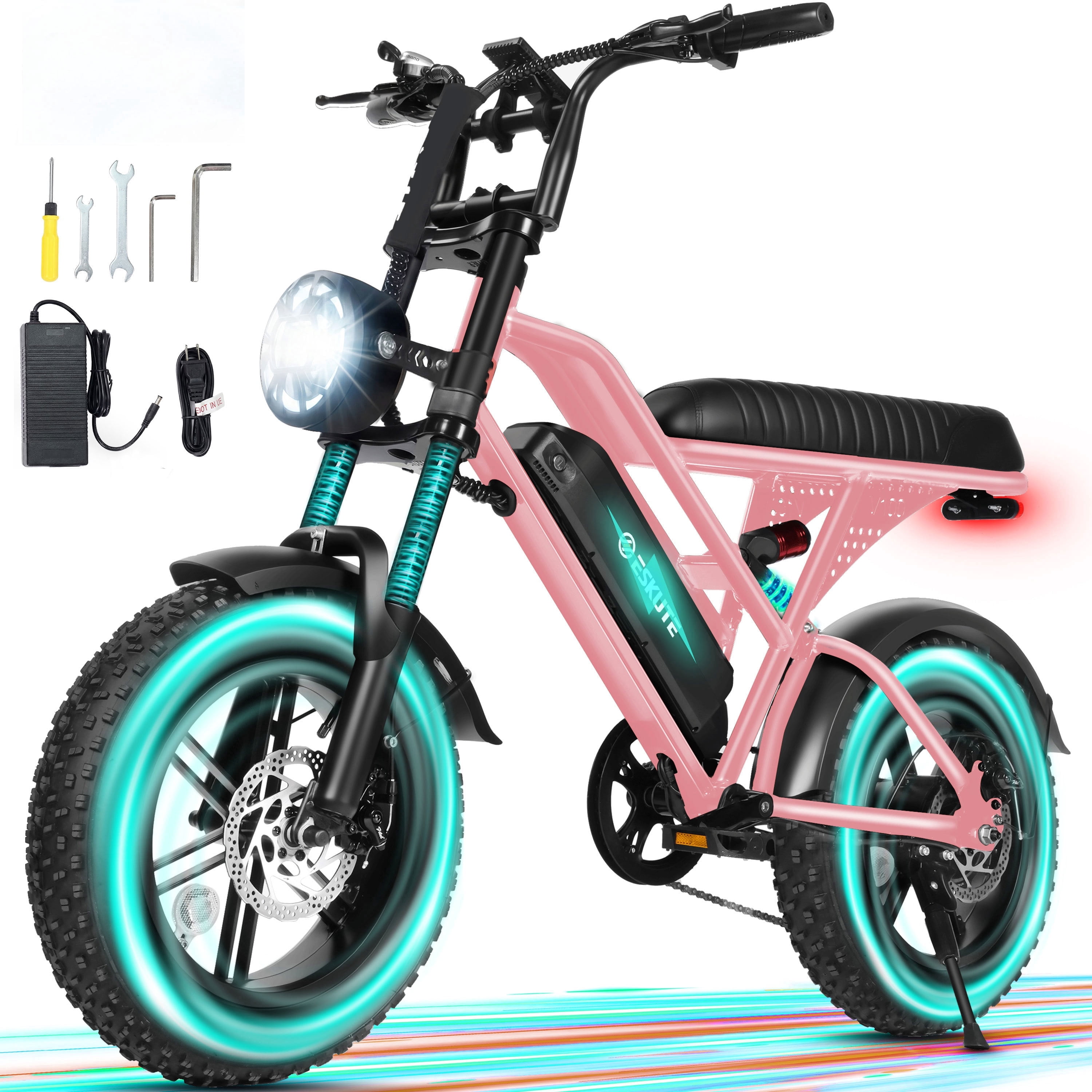 ESKUTE V100 Electric Bike for Teens Adults, 750W Peak 1500W 28 Mph 48V 13 Ah,16"x4.0" Fat Tire E Bicycle, 7-Speed E-Bike with Dual Suspension Pink, UL2849