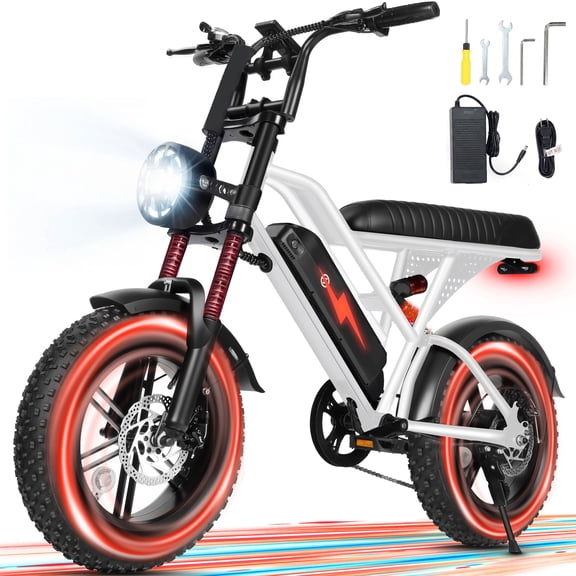 ESKUTE V100 Electric Bike for Teens Adults, 750W Peak 1500W 28 Mph 48V 13 Ah,16"x4.0" Fat Tire E Bicycle, 7-Speed E-Bike with Dual Suspension White, UL2849
