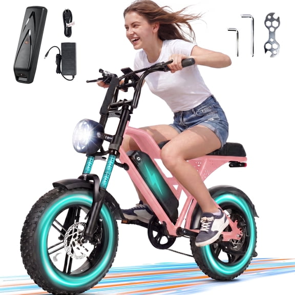 ESKUTE V100 Electric Bike for Teens Adults Students, 750W 20 Mph 48V 13 Ah,16"x4.0" Fat Tire E Bicycle, 7-Speed Dual Suspension Mountain EBike Pink, UL2849