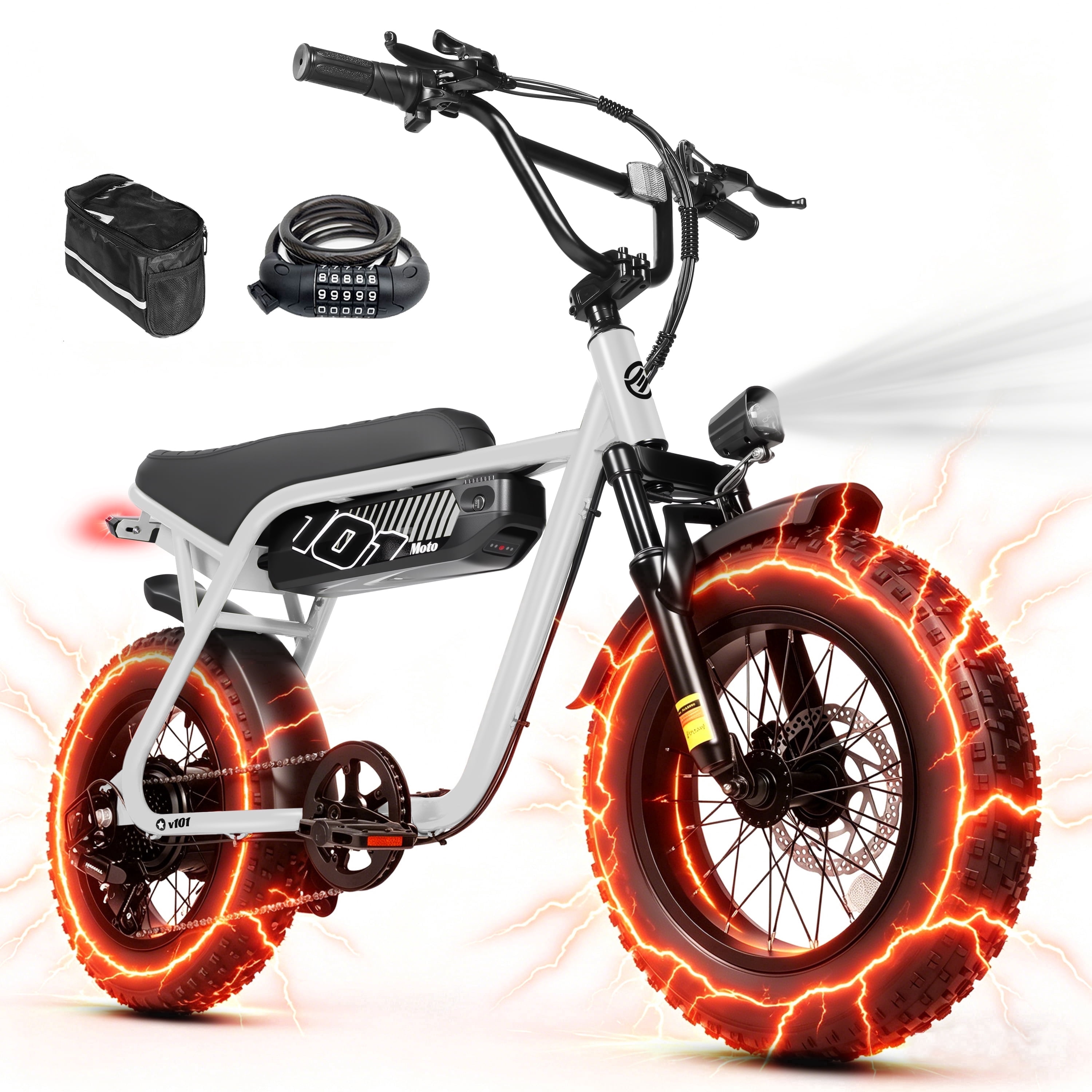 Eskute V101 Electric Bike for Adults & Teens – 28 MPH, 750W (Peak 1500W), 48V 13Ah Battery, 16"x4.0" Fat Tires, 7-Speed, Front Suspension, White with Phonebag & Lock, UL2849