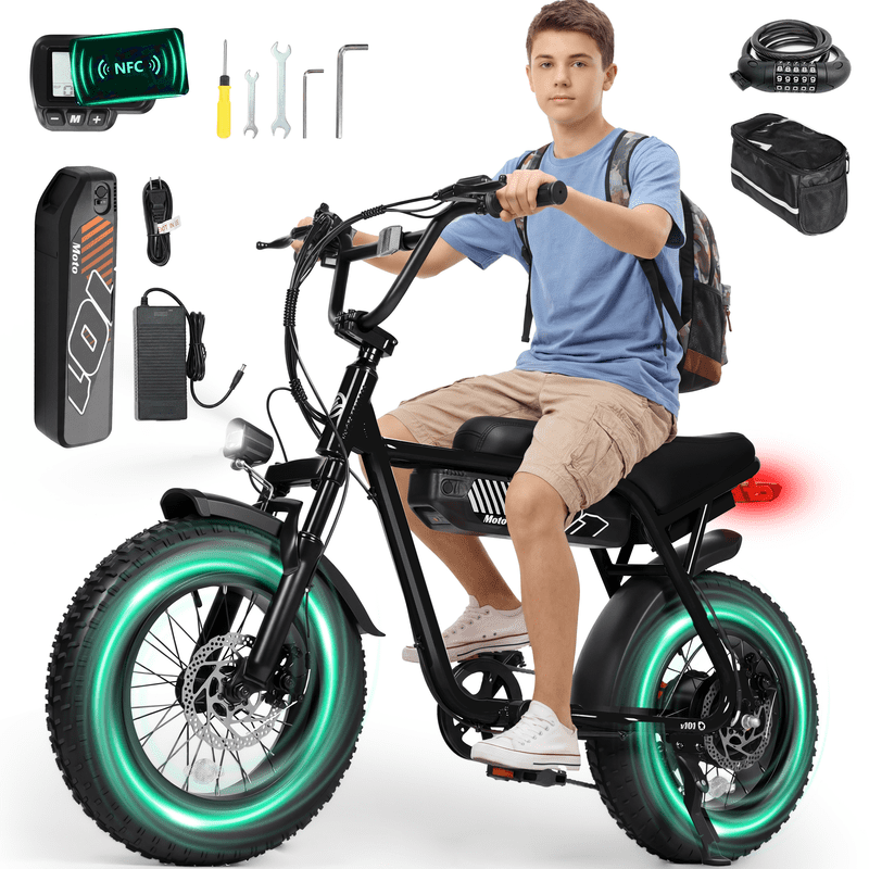 ESKUTE V101 Electric Bike for Adults & Teens 750W Peak 1500W, 28MPH, 48V 13Ah Battery, 16"x4.0" Fat Tire E-Bike, 7-Speed, Front Suspension, All-Terrain Ebike Black with Phonebag & Lock, UL2849