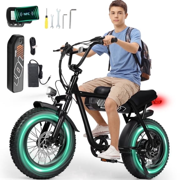 V101 Electric Bike for Adults & Teens 750W Peak 1500W, 28MPH, 48V 13Ah Battery, 16"x4.0" Fat Tire E-Bike, 7-Speed, Dual Suspension, All-Terrain Ebike Black