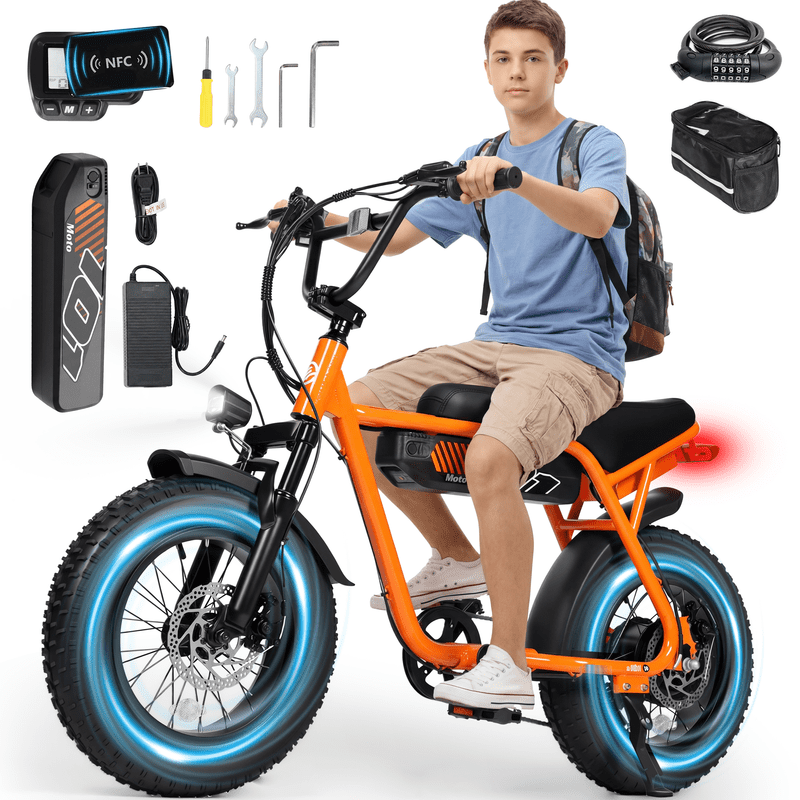 ESKUTE V101 Electric Bike for Adults & Teens 750W Peak 1500W, 28MPH, 48V 13Ah Battery, 16"x4.0" Fat Tire E-Bike, 7-Speed, Front Suspension, All-Terrain Ebike Orange with Phonebag & Lock, UL2849