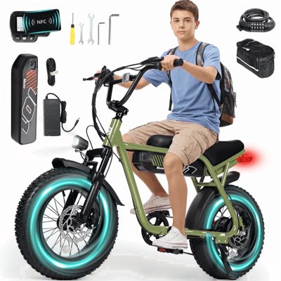 ESKUTE V101 Electric Bike for Adults & Teens 750W Peak 1500W, 28MPH, 48V 13Ah Battery, 16"x4.0" Fat Tire E-Bike, 7-Speed, Front Suspension, All-Terrain Ebike Green with Phonebag & Lock, UL2849