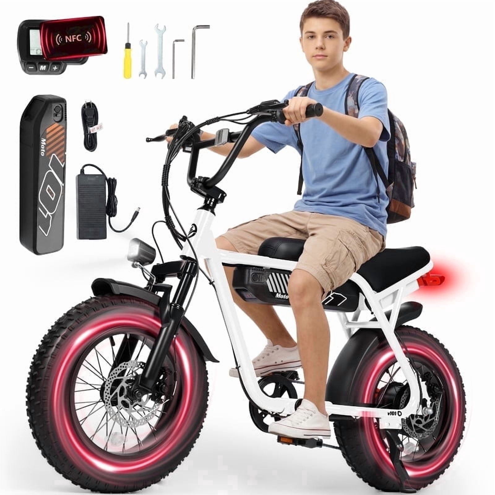 ESKUTE V101 Electric Bike for Adults & Teens 750W Peak 1500W, 28MPH, 48V 13Ah Battery, 16"x4.0" Fat Tire E-Bike, 7-Speed, Front Suspension, All-Terrain Ebike White, UL2849