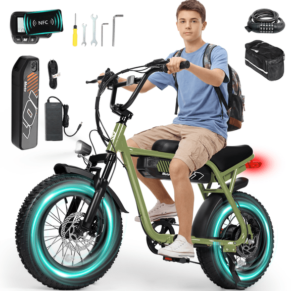 V101 Electric Bike for Adults & Teens 750W Peak 1500W, 28MPH, 48V 13Ah Battery, 16"x4.0" Fat Tire E-Bike, 7-Speed, Dual Suspension, All-Terrain Ebike Green with Phonebag & Lock
