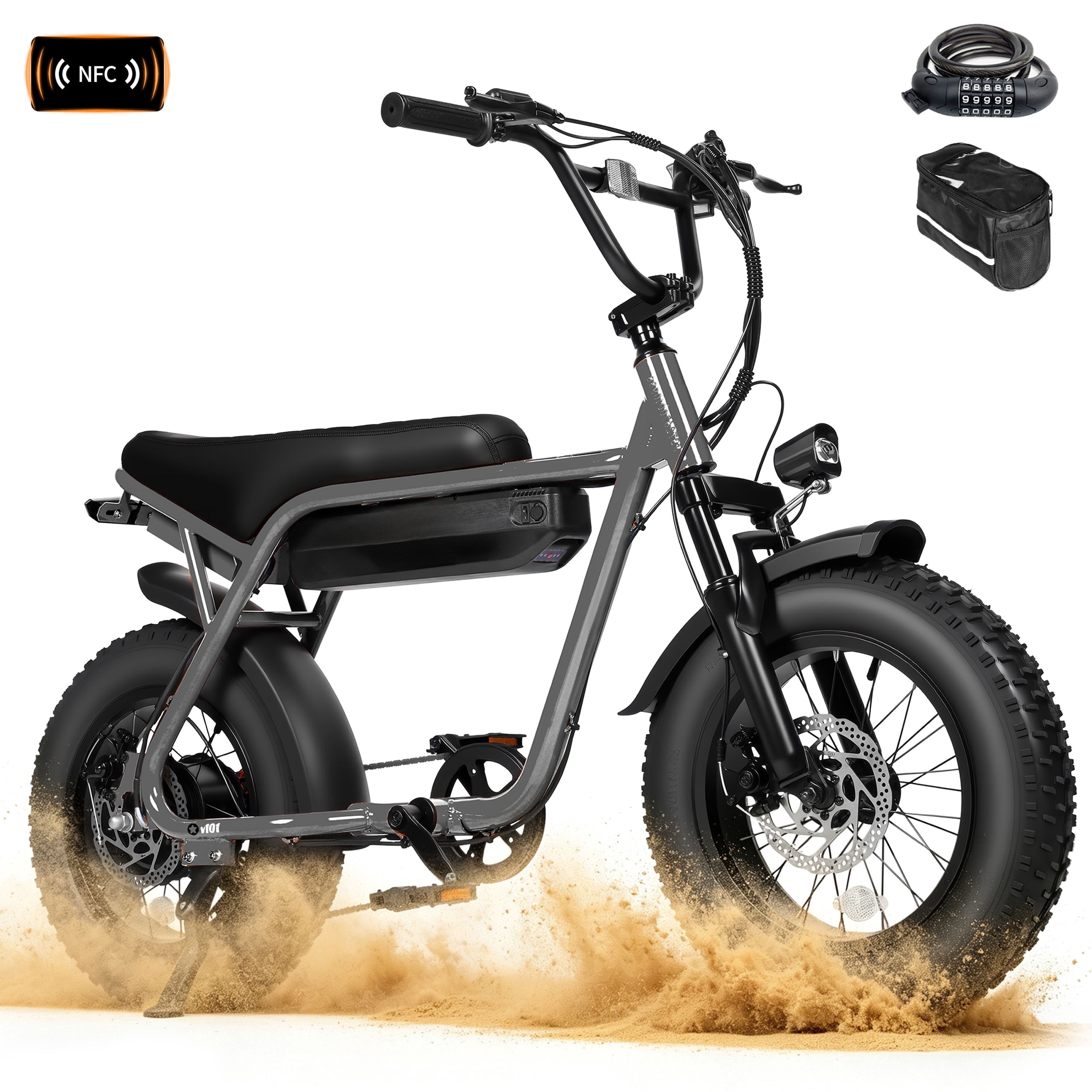 ESKUTE Electric Fat Tire E-Bike for Adults & Teens – 750W Motor (1500W Peak), 28MPH, 48V 13Ah Battery, 16"x4" All-Terrain, 7-Speed, Front Suspension, with Phone Bag & Lock, Gray