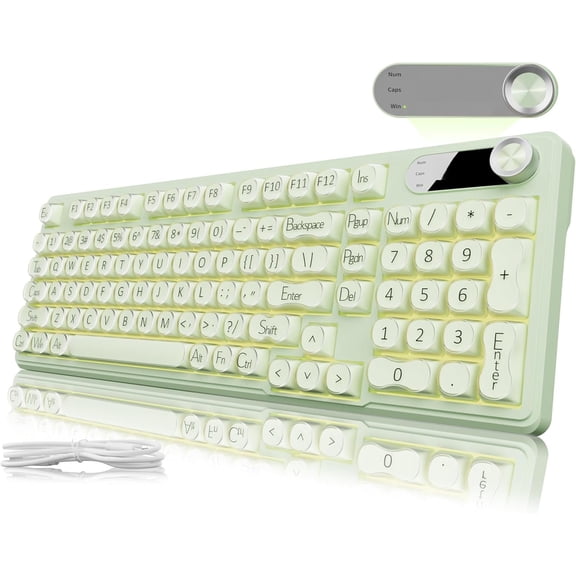 V102 Wired Keyboard, 98  Creamy Gaming Keyboard with Number Pad, Display Screen & Media Knob  Silent Wired Cute Computer Keyboard for Laptop PC Gamer -