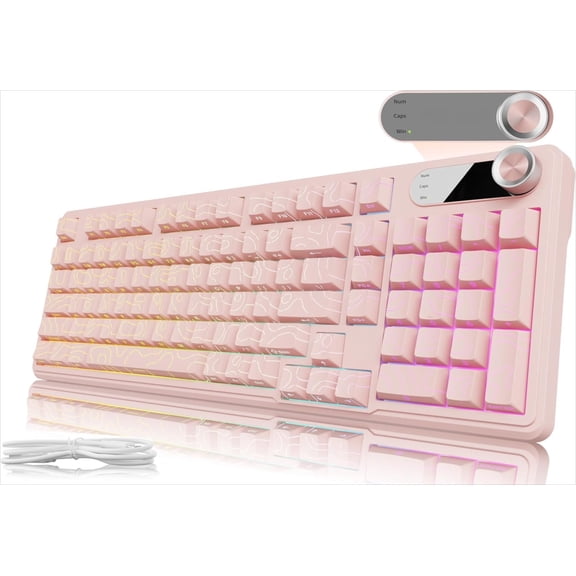 V102 Wired Keyboard, 98 Keys Creamy Gaming Keyboard with Number Pad, Display Screen & Media Knob RGB Silent Wired Cute