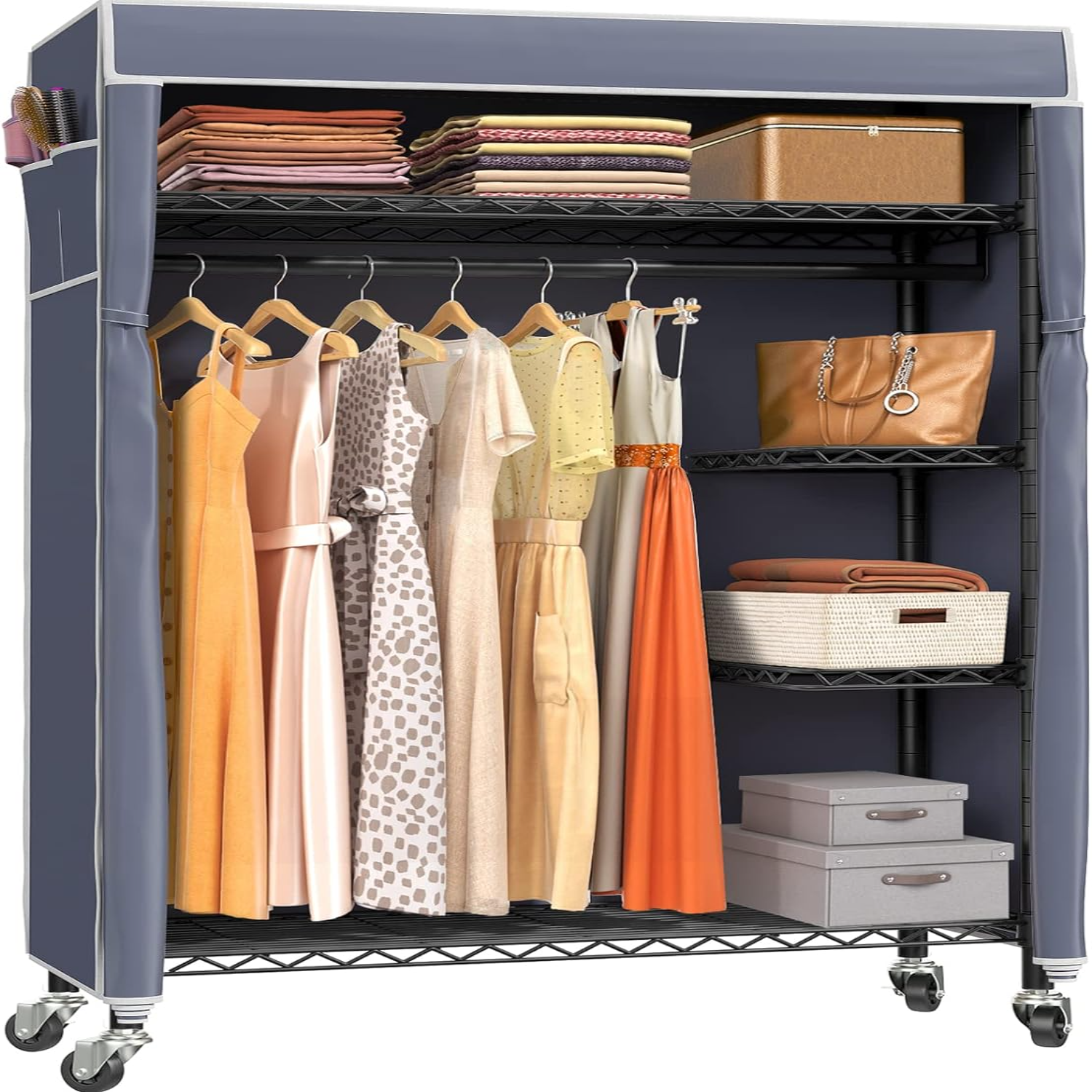 Store Rack Locakable V11C Portable Closets Rolling 5 Tiers Heavy Duty Adjustable Wire ...