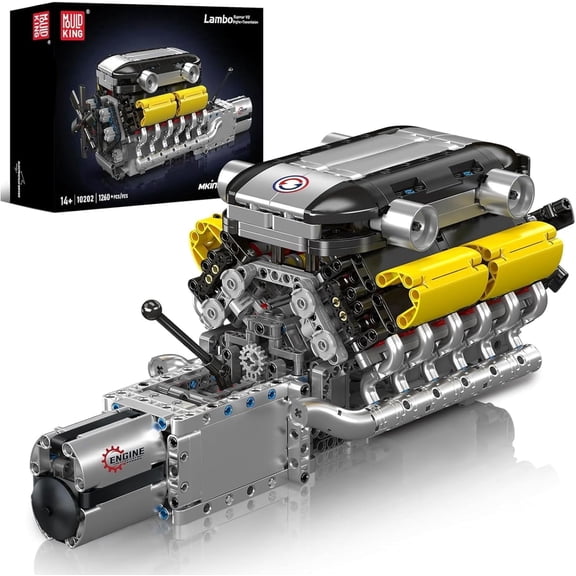 V12 Engine Building Blocks Set, 10202 Sports Car Engine Model that Runs, Engine Kit for Adults with Battery Box and Motor, Engineering Construction STEM Toy for Youth Men(1260 Pcs)