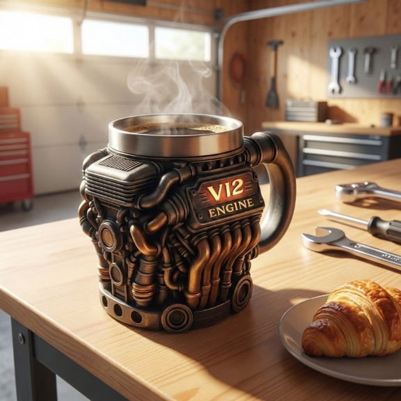 V12 Engine Coffee Mug, 3D Resin Automotive Mechanic Cup with Stainless Steel Liner, Steampunk Industrial Beer Stein for Men Father's Day Gift