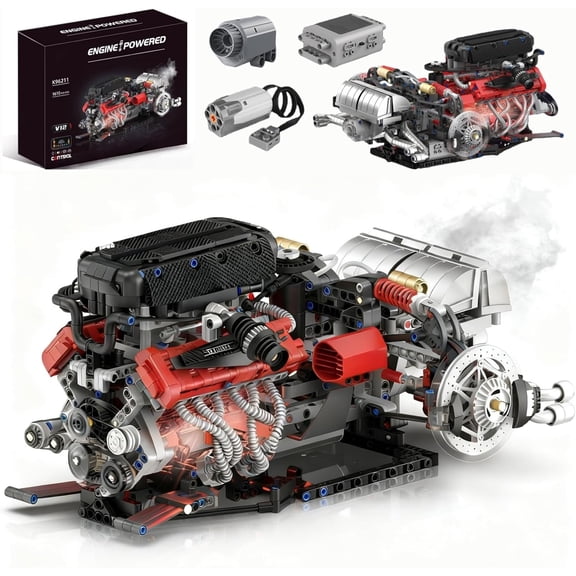V12 Engine Model Kit that Runs - Visible MOC Physical Science Car Engine Project for Car Enthusiasts with Motor, Lighting and Exhaust,STEM Building Engineering Toy Set