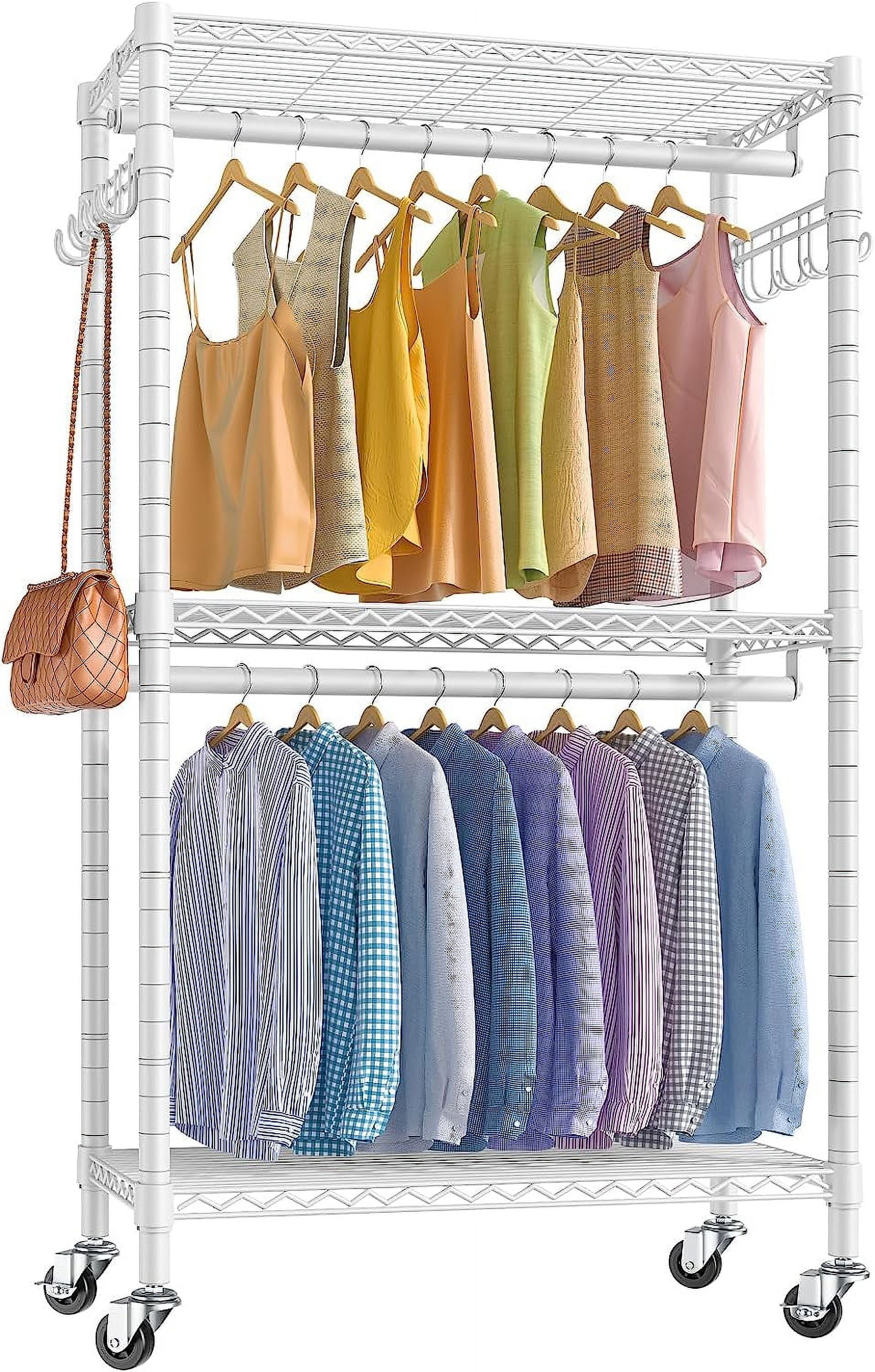 V12 Mini Heavy Duty Clothes Rack Rolling Clothing Rack Adjustable Metal Wire Shelving Portable Closets with Double Hanging Rods Side Hooks Freestanding Closet Racks Wardrobe White Walmart