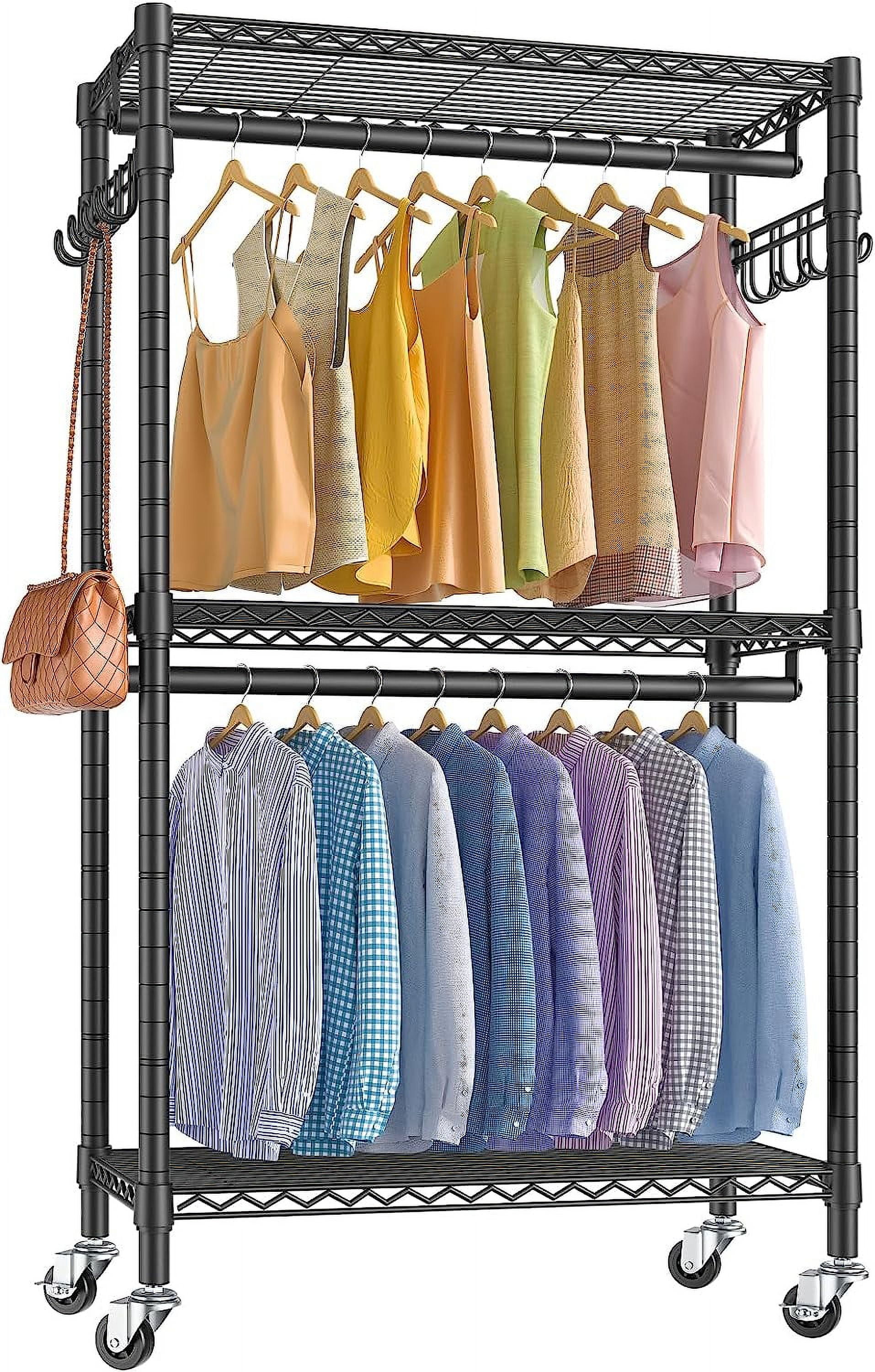 Black Metal Rolling Freestanding Closet with Adjustable Shelves