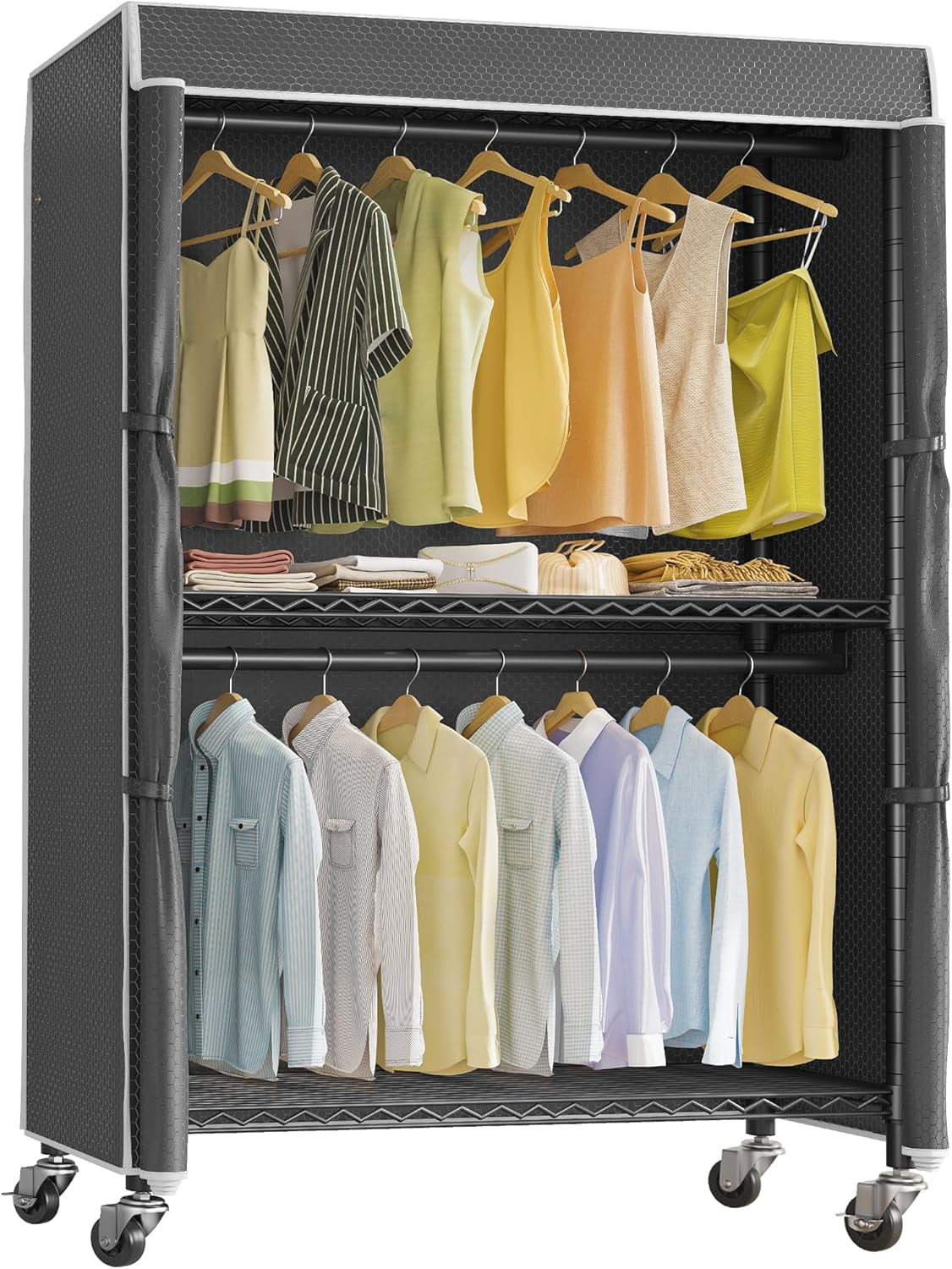 Black Heavy Duty Rolling Garment Rack with Cover and Wire Shelving
