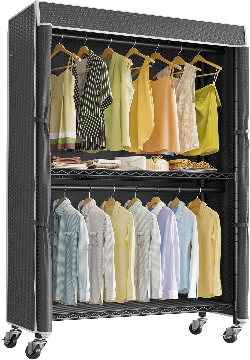 Black Heavy Duty Rolling Garment Rack with Cover and Wire Shelving