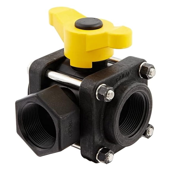 V150SL Polypropylene Side Load Ball , Three Piece, Three Way, Full Port, 1-1/2" NPT Female