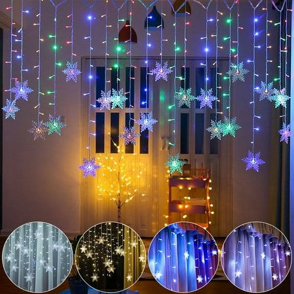 Outdoor Christmas Snowflake LED Curtain String lights Memory 8 Modes Flashing Lights Waterproof Holiday Party Connectable Wave Fairy Light, Multicolor 2PACK