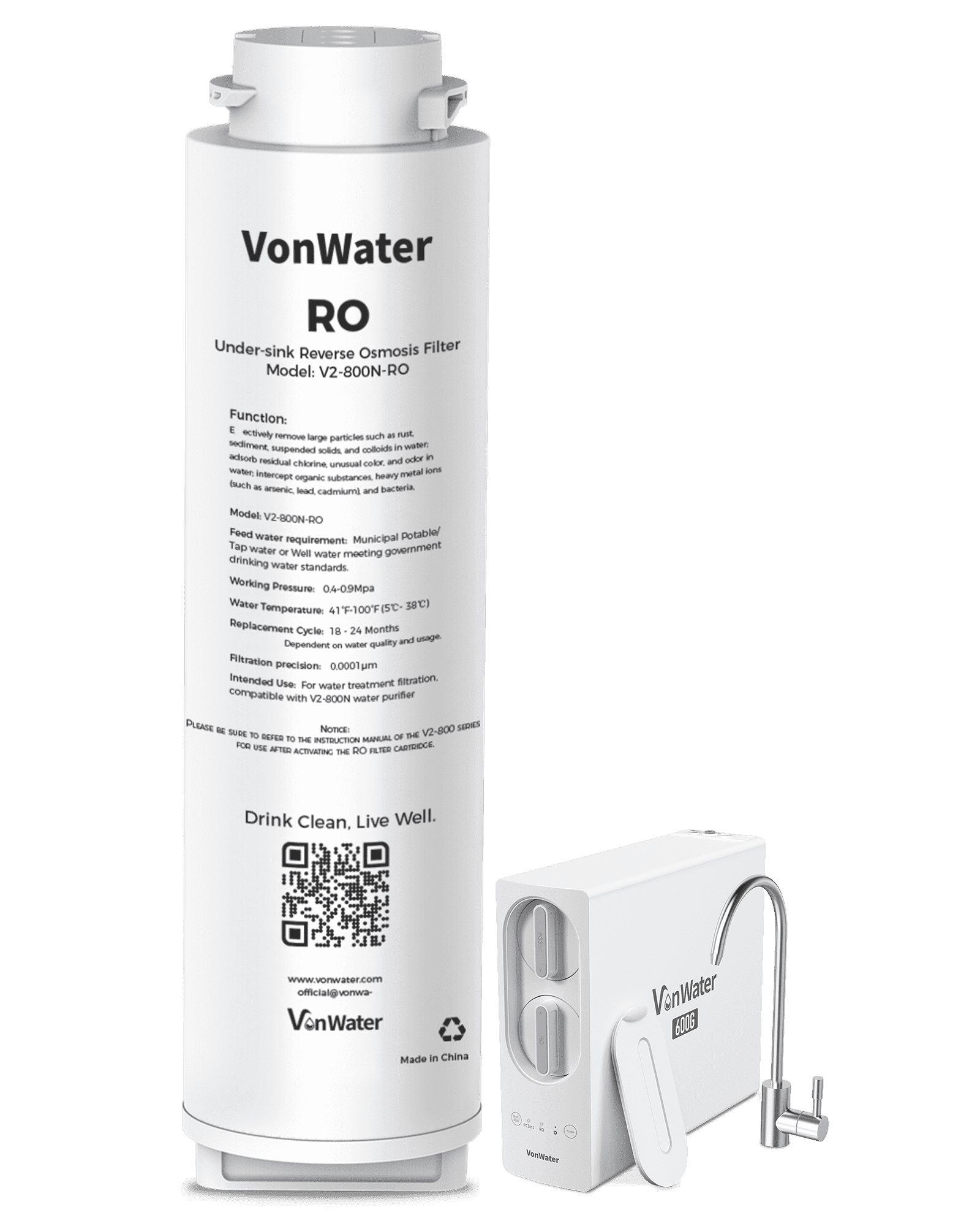 VonWater 𝟴𝟬𝟬𝗚 𝗥𝗢 Filter Replacement, for 𝗩𝟮-𝟴𝟬𝟬𝗡 Undersink Reverse Osmosis System, NSF/ANSI 372 Certified, 24 Months Lifetime, Reduce TDS PFAS